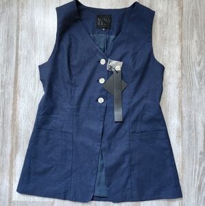 Mina Self Long Linen Vest Blazer Navy Blue Y2K Style Sz M - NWT